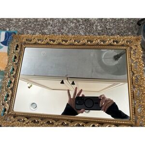 Vintage Ornate Gold Mirrored Vanity Tray Floral Filigree Hollywood Regency 17x11